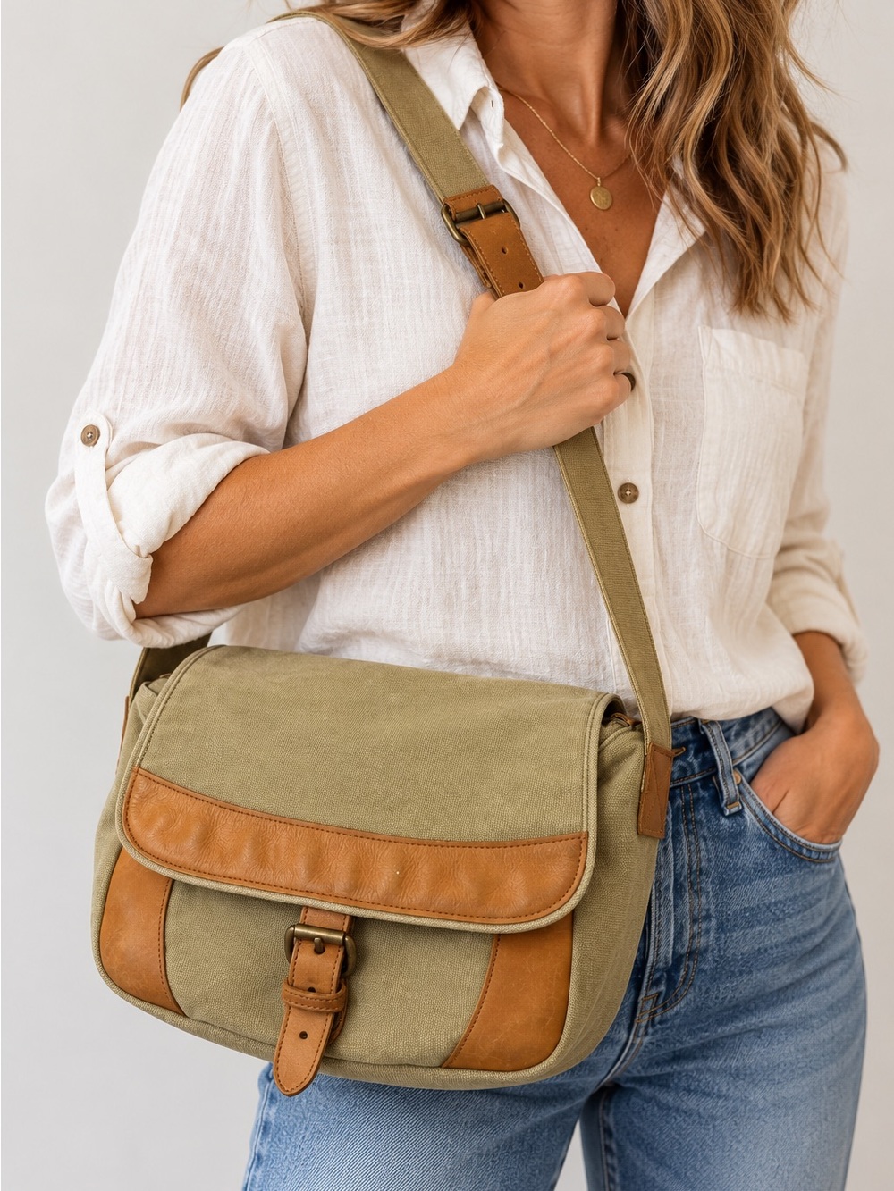 L.L.Bean Vintage Canvas Leather Trim Crossbody Messenger Bag Olive Green Tan
